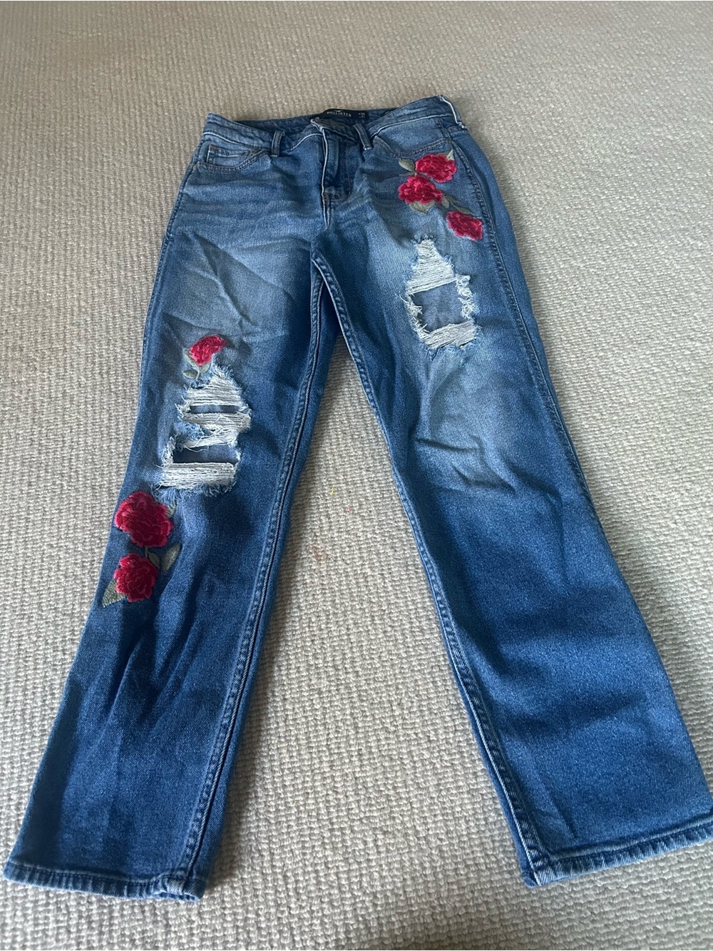 Hollister Blue Wide-Leg Jeans with Red Rose Embroidery